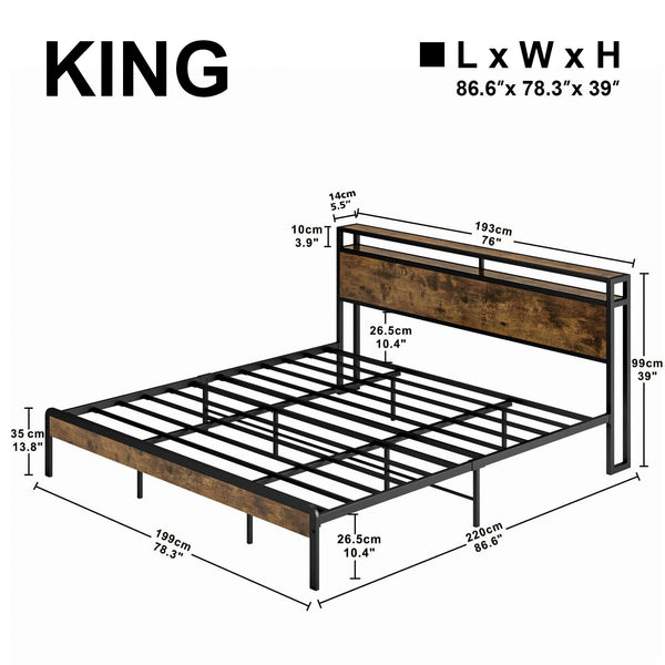 King Size Platform Bed Frame with 2-Tier Storage Headboard
