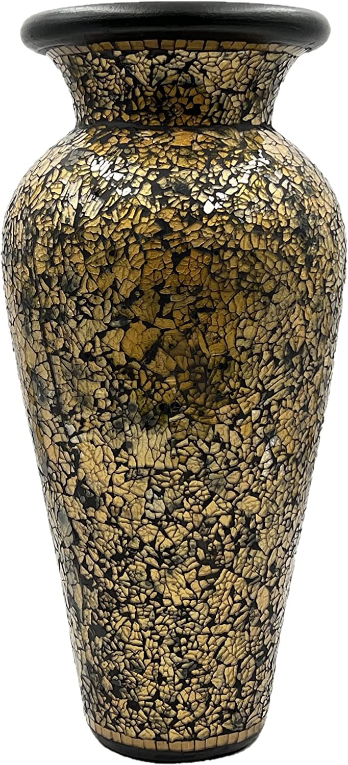 18 Inch Tall Mosaic Floor Vase – Crackled Gold & Black Terracotta Cylinder