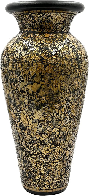 18 Inch Tall Mosaic Floor Vase – Crackled Gold & Black Terracotta Cylinder