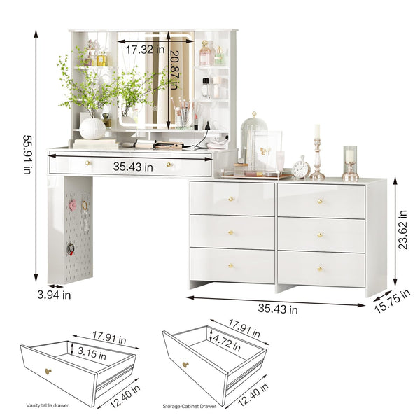 Makeup Vanity Desk with Mirror, Lights & 8 Drawers