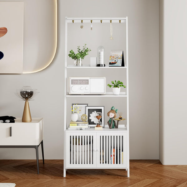 4-Tier Bamboo Ladder Bookshelf with Drawers & Hooks