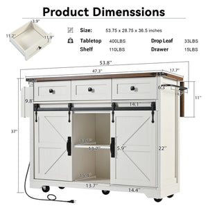 Farmhouse Kitchen Island with Power Outlet & Drop Leaf