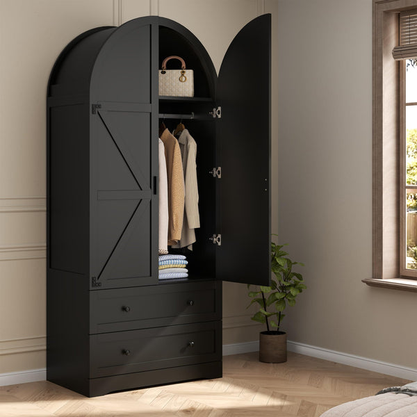Armoire Wardrobe Closet with 2 Drawers & Hanging Rod
