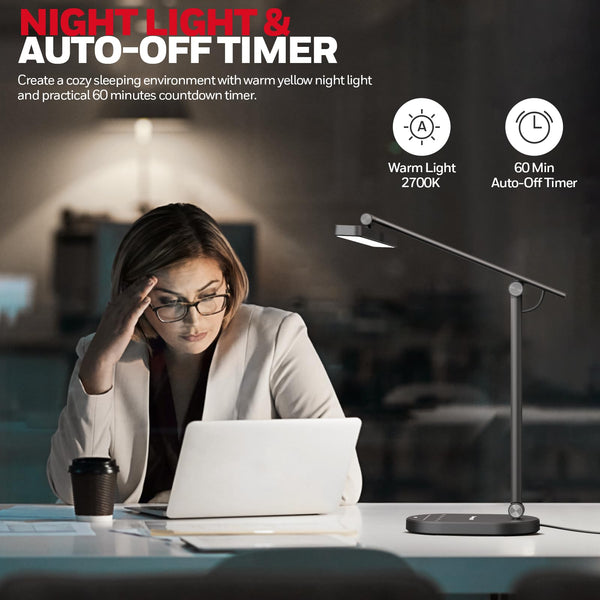 Full-Spectrum LED Desk Lamp with Auto-Dimming, 60-Min Timer & 4-Axis Adjustable Arm