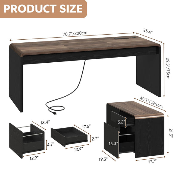 Homiflex 78.7 Inch Large L Shaped Desk with Drawers Executive Desk with File Cabinet Power Outlets Modern Office Desk L Shape with Storage Heavy Duty Computer Desk, Black and Walnut