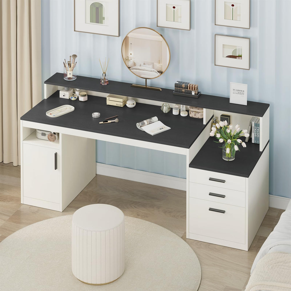 65 Inch Computer Desk with File Cabinet, Storage Shelves & Monitor Stand