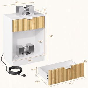 Fluted Nightstand Set of 2 with Charging Station & LED Lights