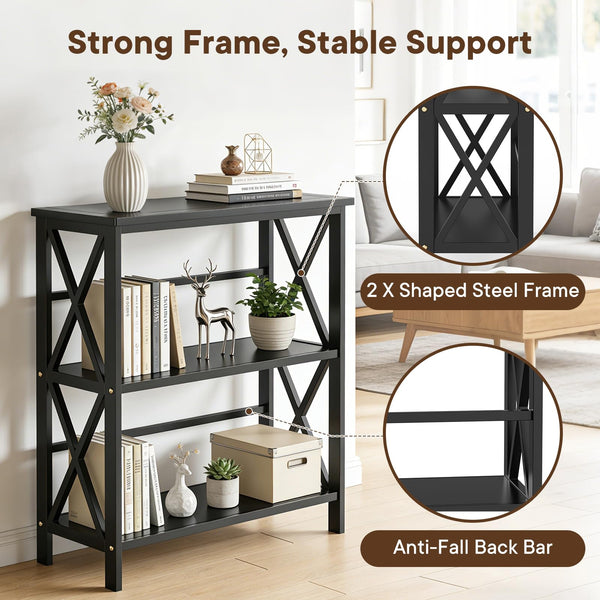 3-Tier Bookshelf with X-Frame Wood Design