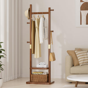 Solid Wood Coat Rack with 2 Shelves & 5 Hooks – Freestanding Clothes Stand