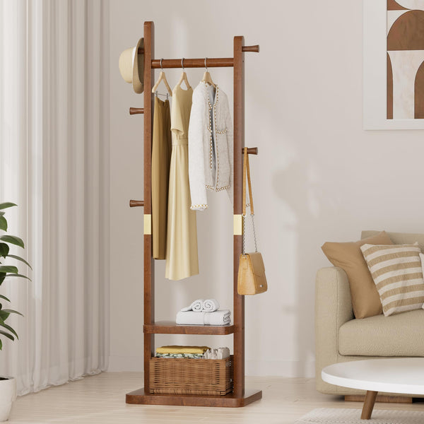 Solid Wood Coat Rack with 2 Shelves & 5 Hooks – Freestanding Clothes Stand