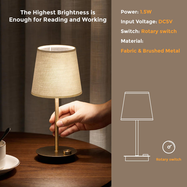 MEORA Rechargeable Cordless Table Lamp, 2 Pack Brass 3600mAh Battery Operated Lamp, 2700K Warm Light, Stepless Dimming for Bedroom, Dining Room, Living Room