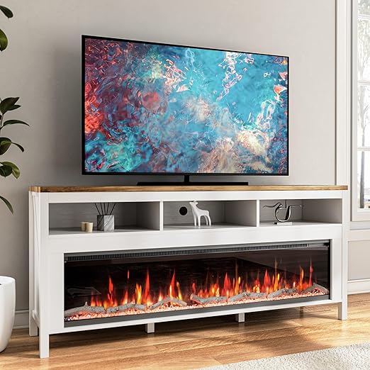 Electric Fireplace TV Stand with Open Storage – 55 to 98 Inch