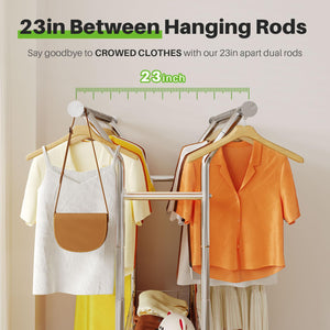 Rolling Garment Rack with Metal Basket & Dual Rod