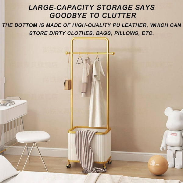 Gold Metal Garment Rack with Storage Basket & Rolling Wheels
