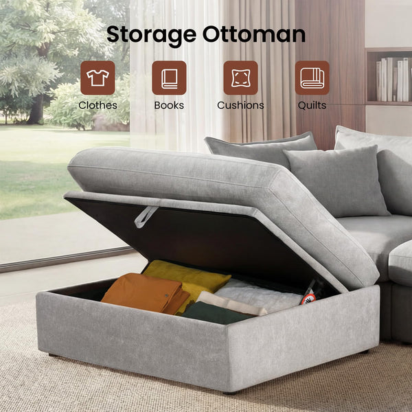 118.5" Modular Sectional Sofa with Storage Ottoman – Light Grey