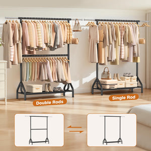 Double Rod Clothing Rack with Storage Shelves