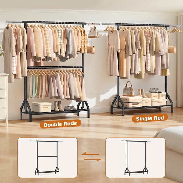 Double Rod Clothing Rack with Storage Shelves