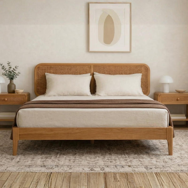 Queen & King Bed Frame with Rattan Headboard
