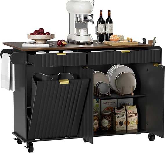Rolling Kitchen Island with Wavy Door & Drop-Leaf Countertop