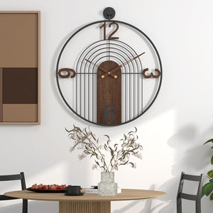 Large Round Wall Clock – Wood & Metal Frame, Silent Non-Ticking