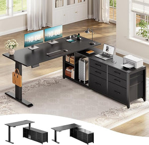 L-Shaped Electric Standing Desk with Drawers & Power Outlet