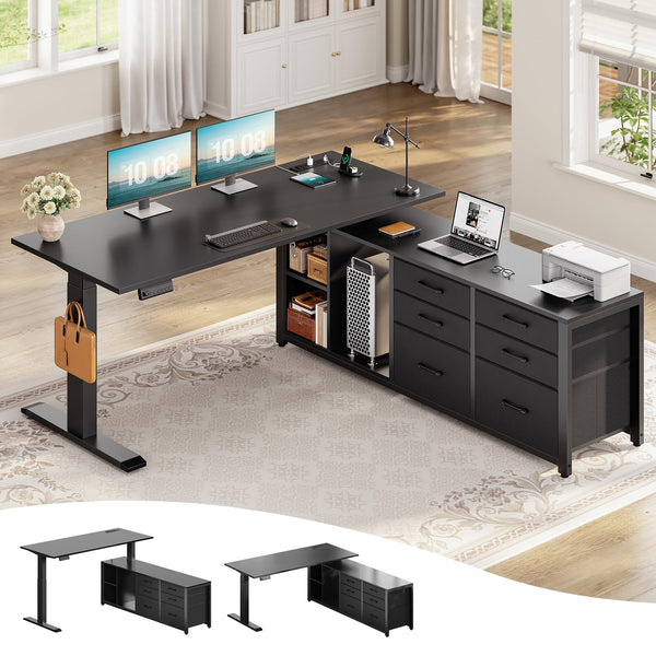 L Shaped Electric Standing Desk with Drawers