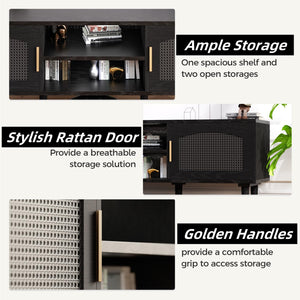 Fluted TV Stand with Rattan Doors, Wood Legs & Gold Handles