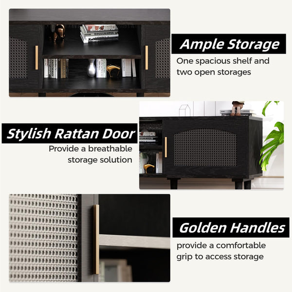 Fluted TV Stand with Rattan Doors, Wood Legs & Gold Handles