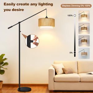 Dimmable Boho Floor Lamp with Rattan & Fabric Shades