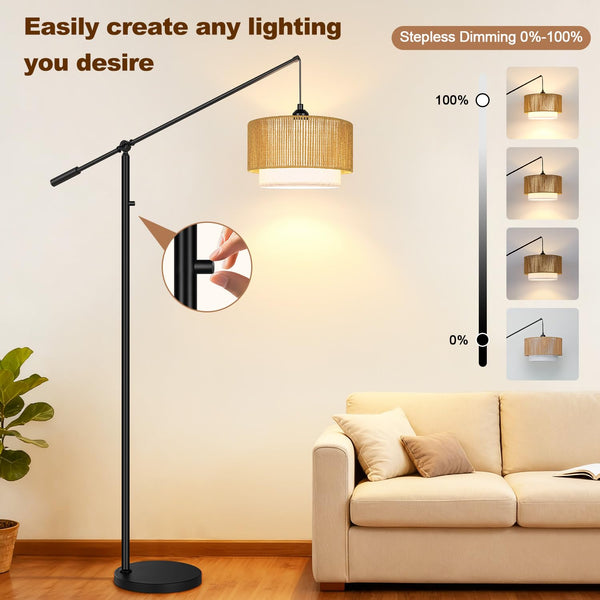 Dimmable Boho Floor Lamp with Rattan & Fabric Shades
