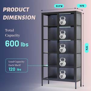 Glass Display Cabinet with LED Sensor Light, 5-Tier Curio Cabinet with Adjustable Shelves