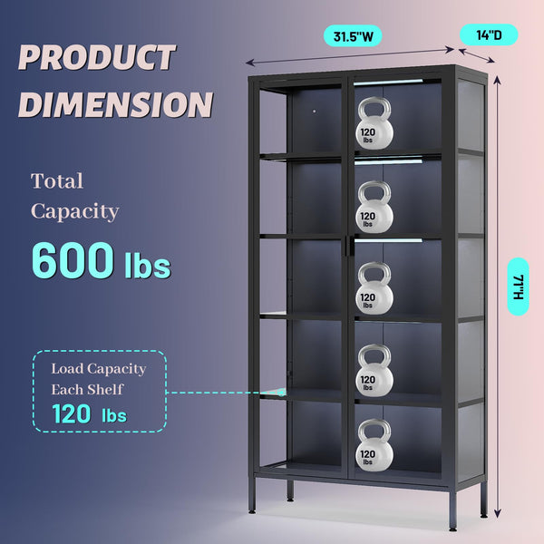 Glass Display Cabinet with LED Sensor Light, 5-Tier Curio Cabinet with Adjustable Shelves