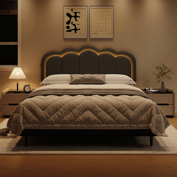 Upholstered Wavy Headboard Full/Queen with USB, RGB LED & Adjustable Height