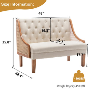 Mid-Century Modern Loveseat Sofa with Natural Rattan Arms & Upholstered Cushions