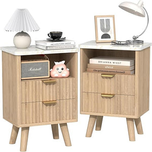 Fluted Nightstand Set of 2 with Drawer & Open Shelf — Oak