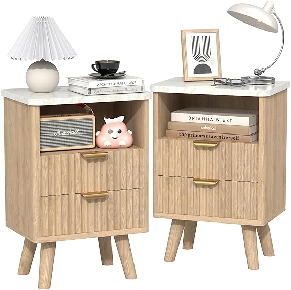 Fluted Nightstand Set of 2 with Drawer & Open Shelf — Oak
