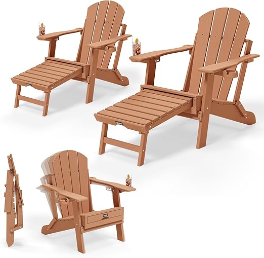Folding Adirondack Chairs with Retractable Footrest & Cup Holders – HDPE, 400 LBS Capacity
