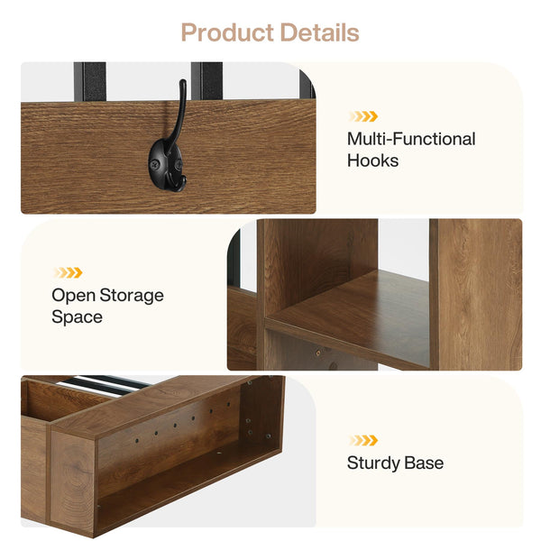 Modern Wood Room Divider with Open Shelves & Coat Hooks – Brown