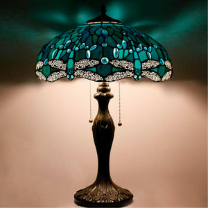 Tiffany Table Lamp Sea Blue Green Dragonfly Stained Glass 16" Shade 24" Height