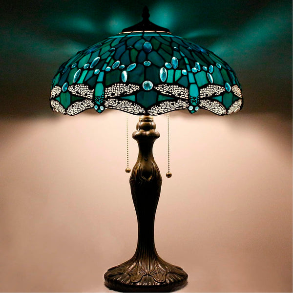 Tiffany Table Lamp Sea Blue Green Dragonfly Stained Glass 16" Shade 24" Height