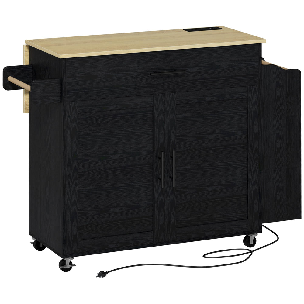 Rolling Kitchen Island with Drop Leaf, Storage Cabinet & Charging Station