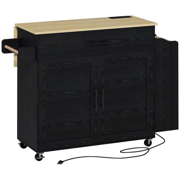 Rolling Kitchen Island with Drop Leaf, Storage Cabinet & Charging Station