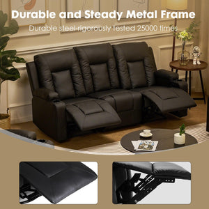 Black Faux Leather Recliner Sofa Set with Cup Holders