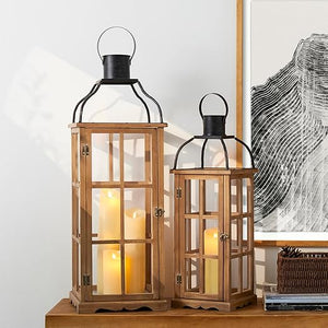 Farmhouse Wooden Candle Lanterns Set of 2 – Indoor & Outdoor Decorative Floor Lanterns