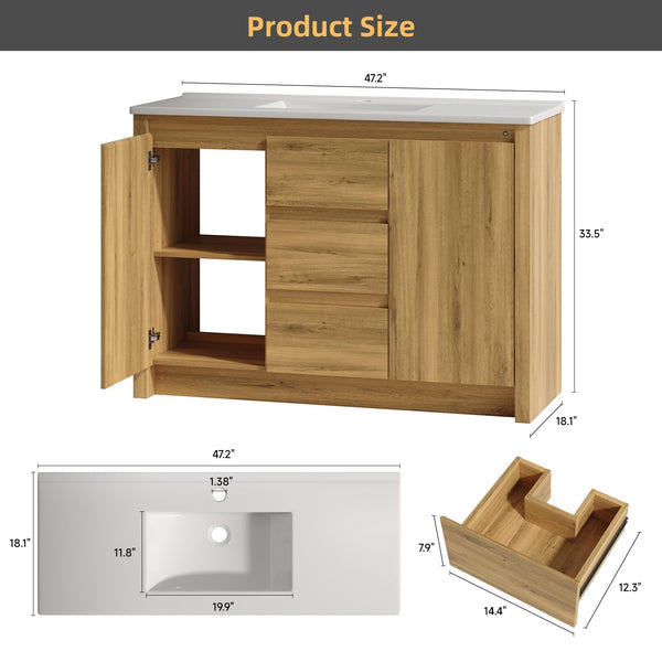 47.2" Mid-Century Bathroom Vanity with Sink, Sensor Light & 3 Drawers