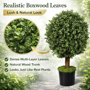 Artificial Boxwood Topiary Tree – 24" UV Resistant Faux Plant for Porch, Patio & Entryway