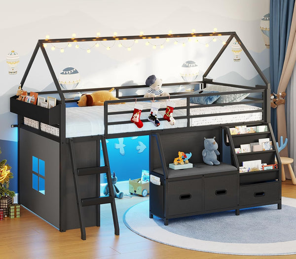 Kids Low Loft Bed Twin with Bookshelf & Reading Nook