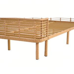 Boho Rattan Platform Bed Frame with Wingback Headboard