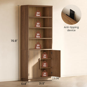70" Tall Bookcase with Doors & Adjustable Shelves