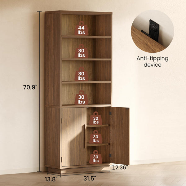 70" Tall Bookcase with Doors & Adjustable Shelves